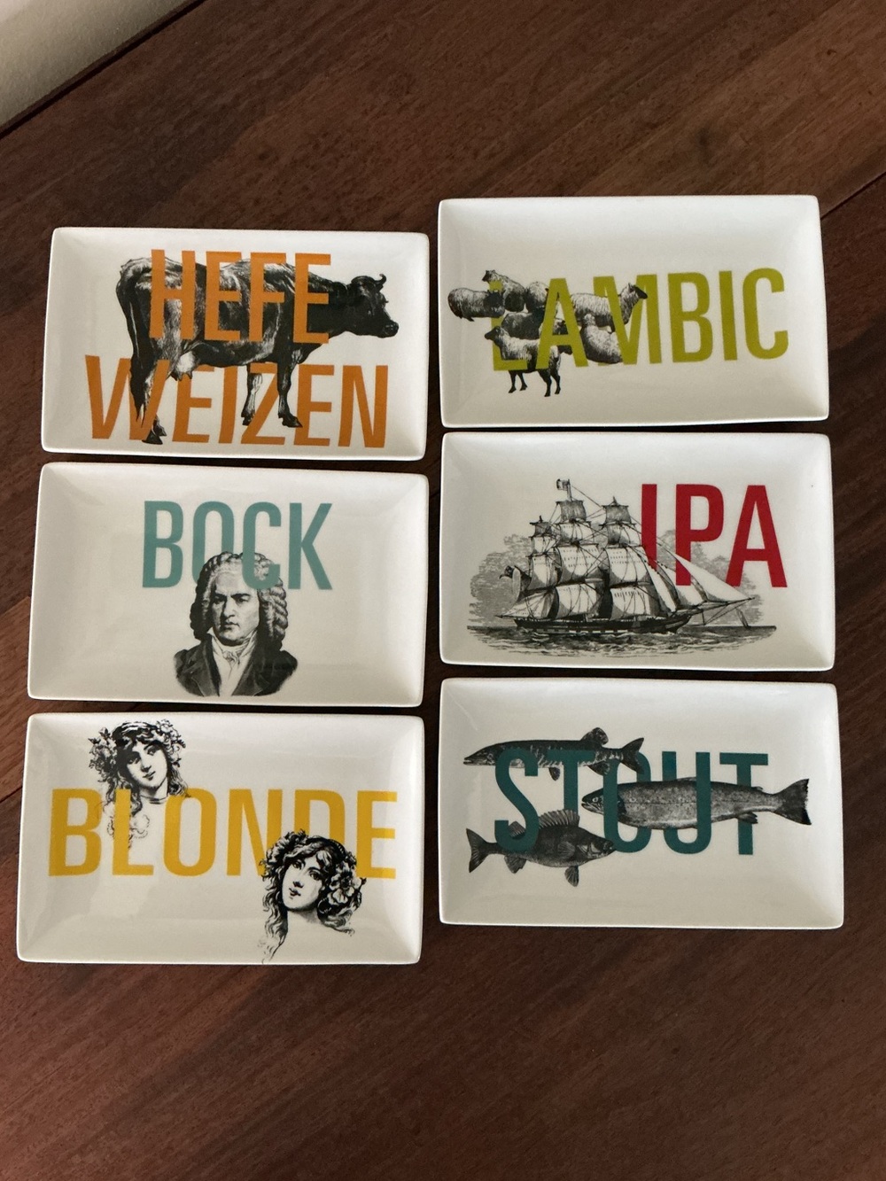 Crate & Barrel Six Pack Craft Beer Rectangular Plates with Graphics